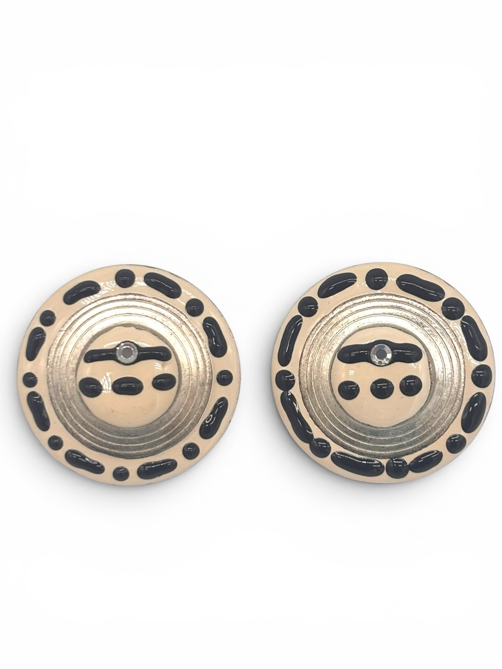 Vintage 1980s Cream & Black Enamel Abstract Geometric Statement Pierced Earrings